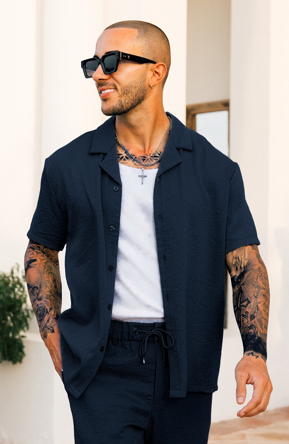 Monaco Crinkle Textured  Poly Cotton Shirt - Navy