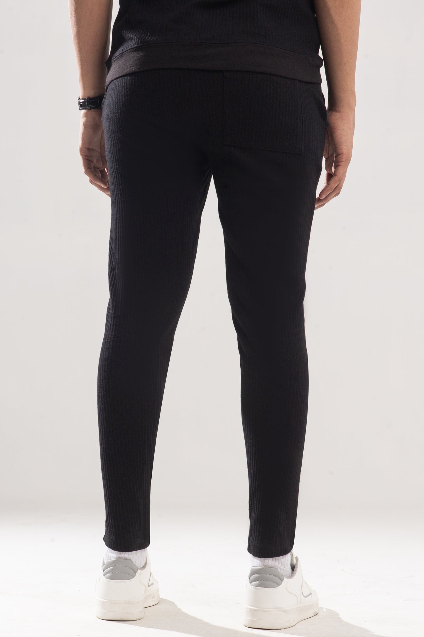 Premium Textured Cotton Trouser with Badge   - Black