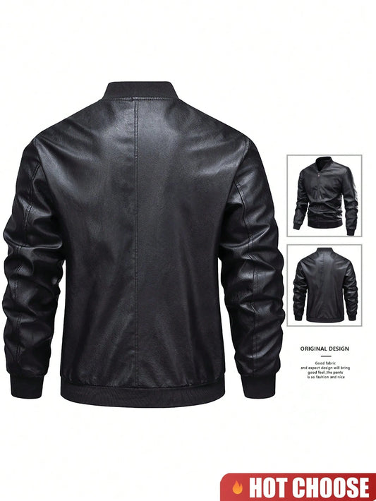 Biker Baseball Leather Jacket - Black