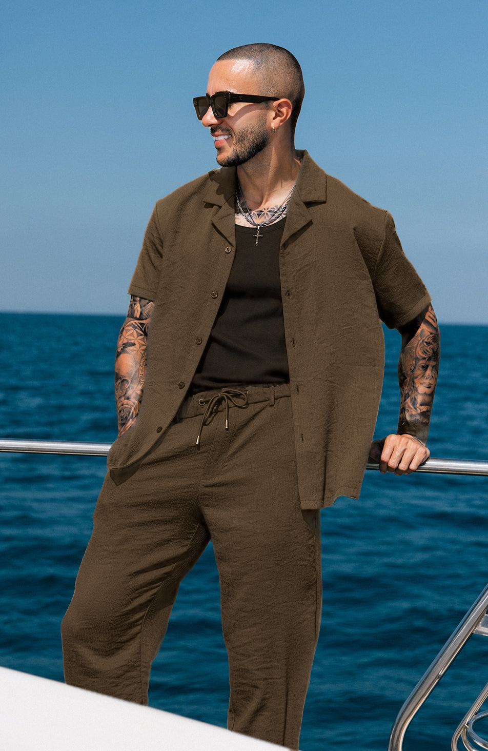 Monaco Crinkle Textured  Poly Cotton Pants - Coffee