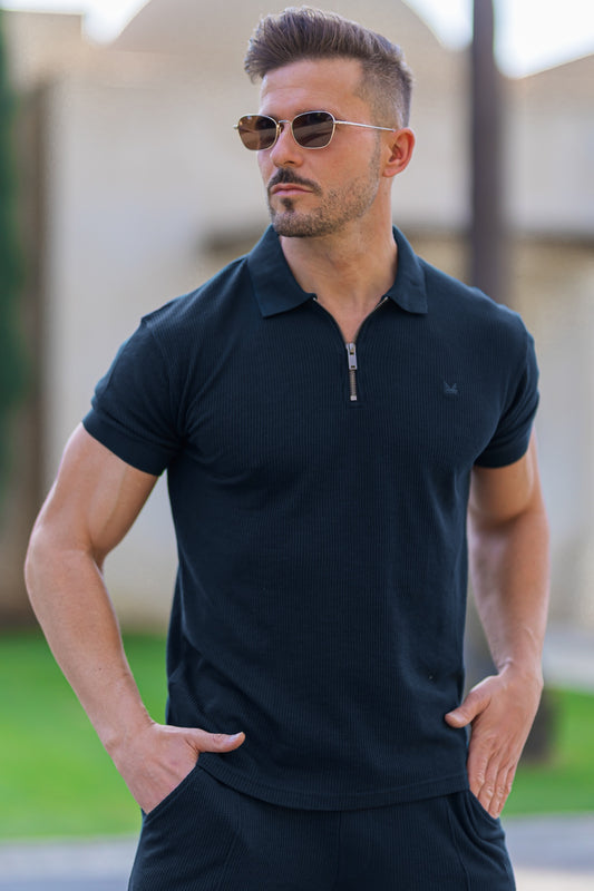 Textured Pk Cotton  polo - Navy