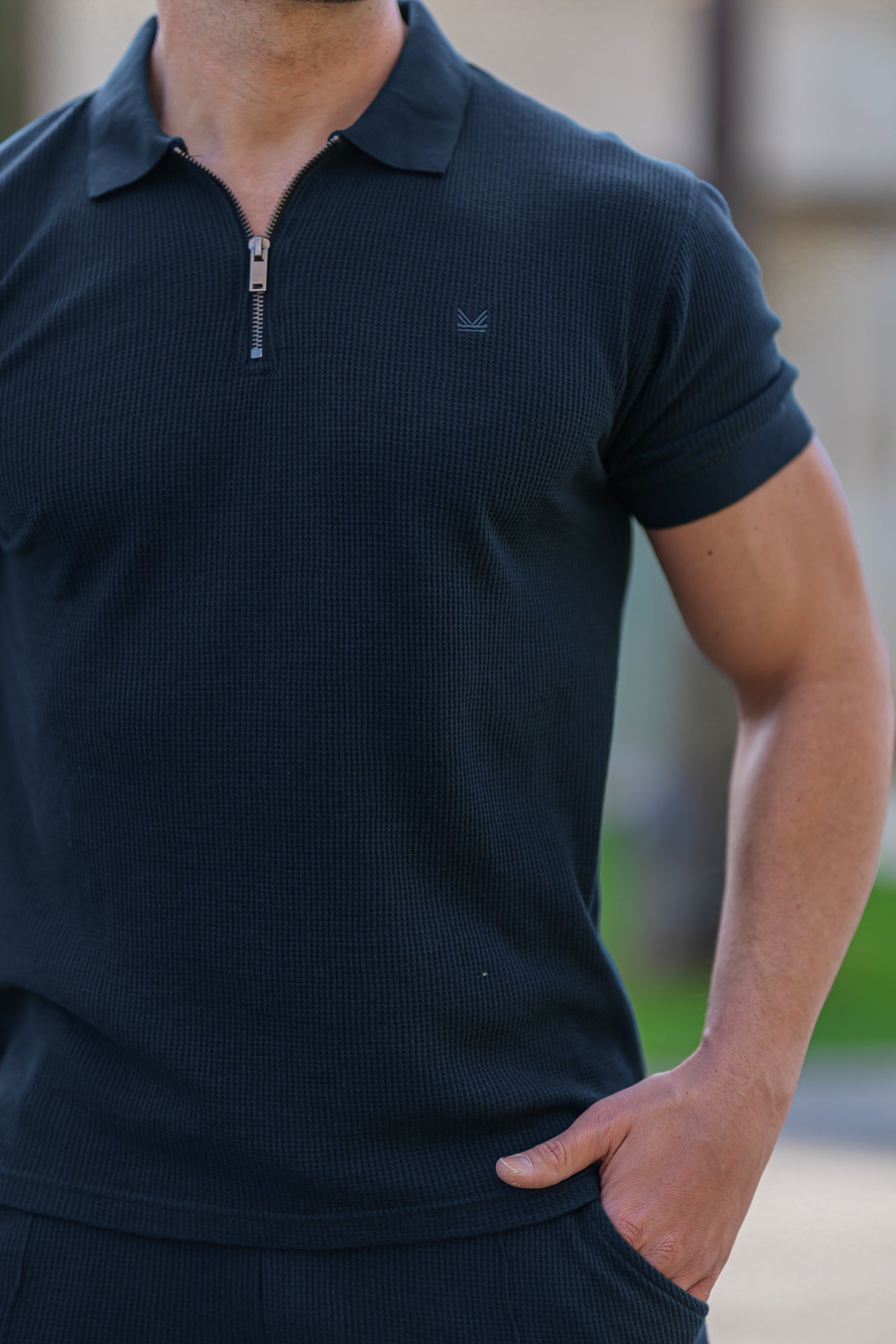 Waffle Bubble Texture Cotton Polo - Navy