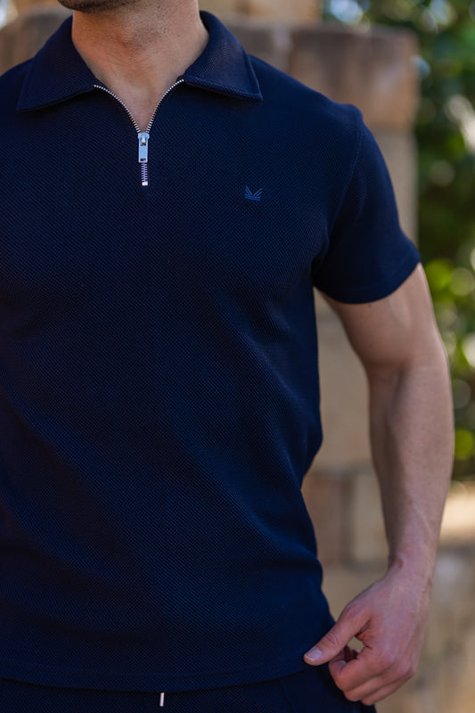 HoneyComb Knit Cotton Polo in Navy