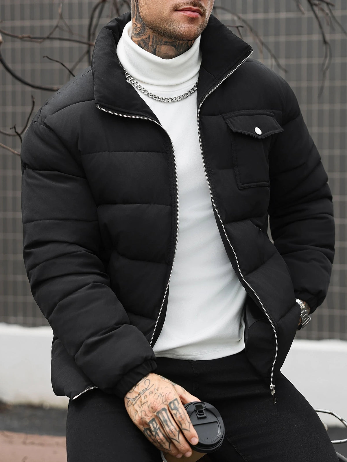 JS-36 Black puffer jacket with metal silver zip