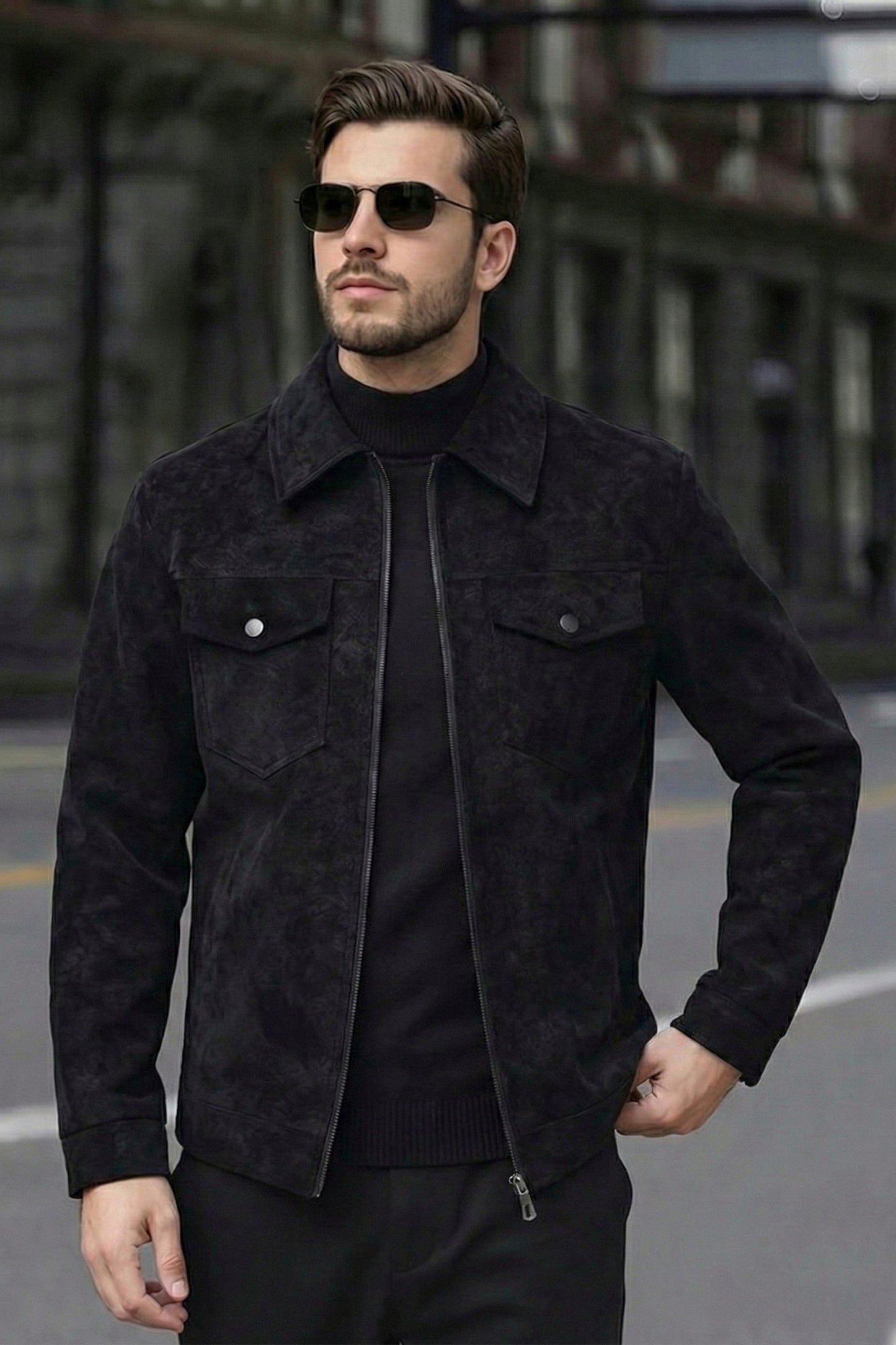 Suede Faux Leather Jacket - Black