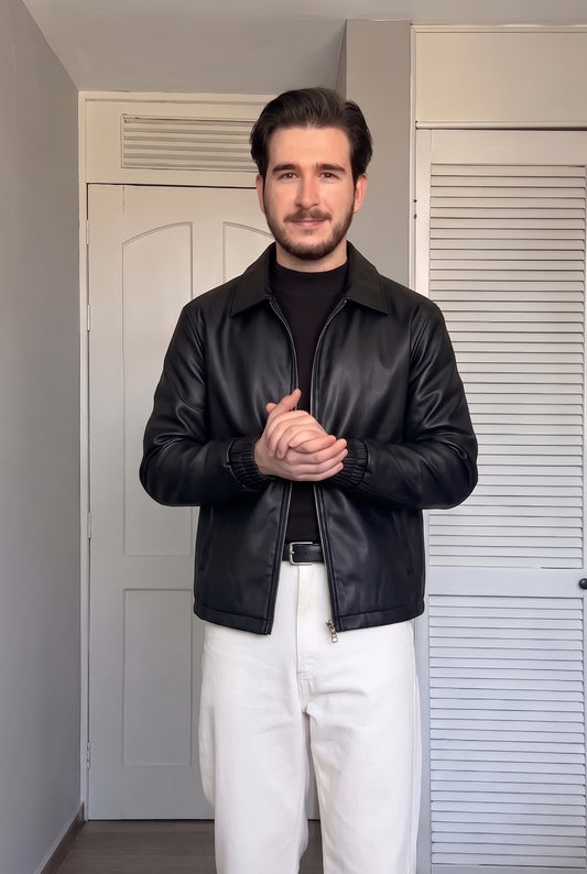 Black leather Jacket with bon pocket, silver brass zip,