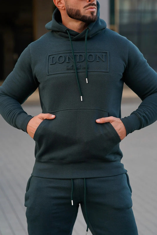 Embossed  Cotton  Hoodie - Teal-Green