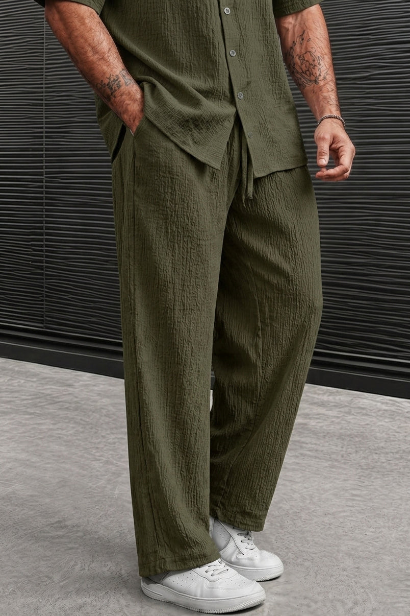 marbella Crinkle Poly Textured Cotton Trouser - Olive