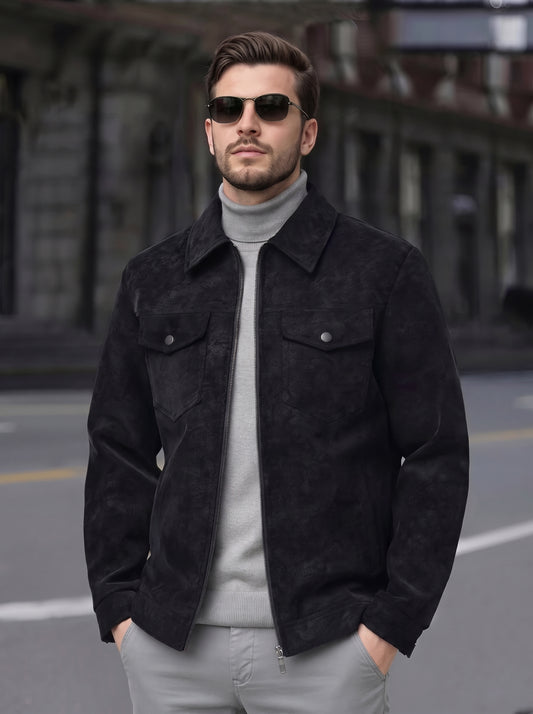 Suede Faux Leather Jacket - Black