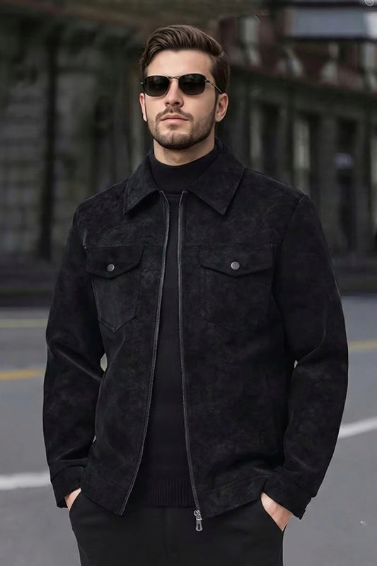 Suede Faux Leather Jacket - Black