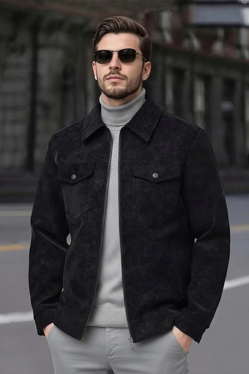 Suede Faux Leather Jacket - Black