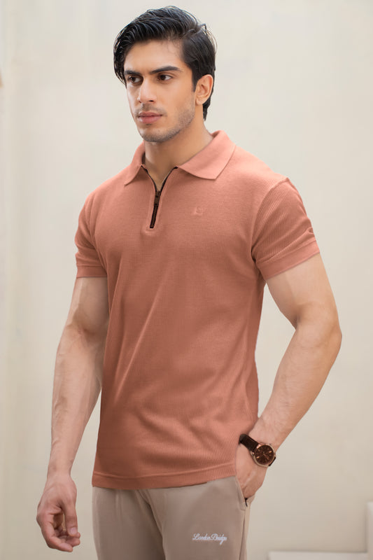 Waffle Knit Cotton Zip Polo - Plum