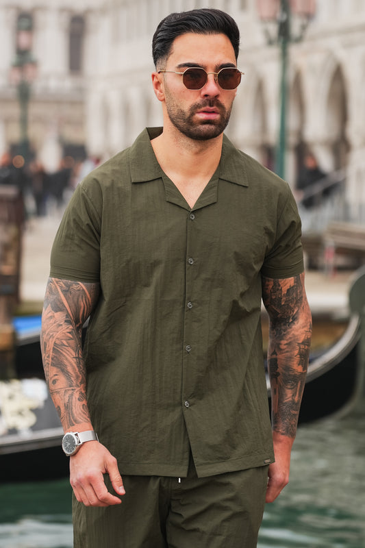 Monaco Crinkle Textured Poly Cotton Shirt - Olive