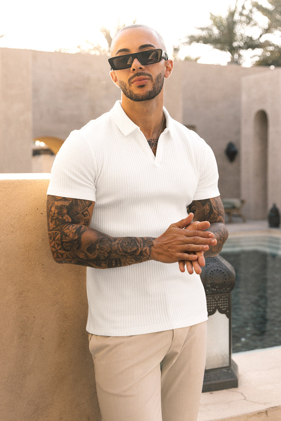 Azure ribbed polo-Cream