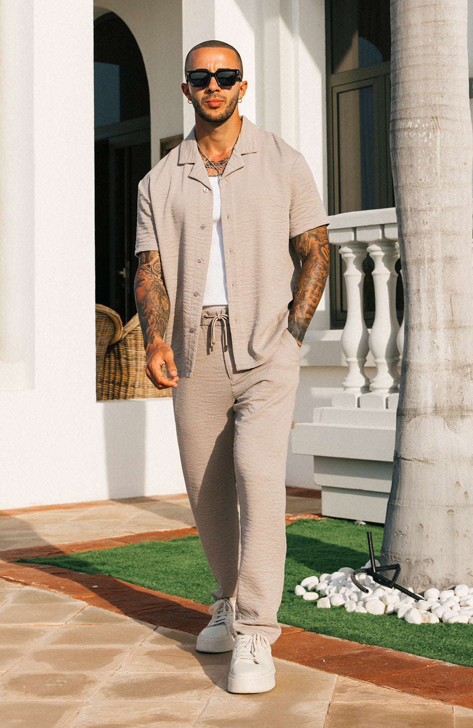 Monaco Crinkle Textured  Poly Cotton Shirt - Sand