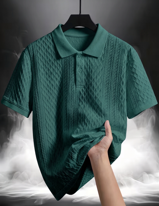 Lightweight CableKnit Texture Polo - Pine Green