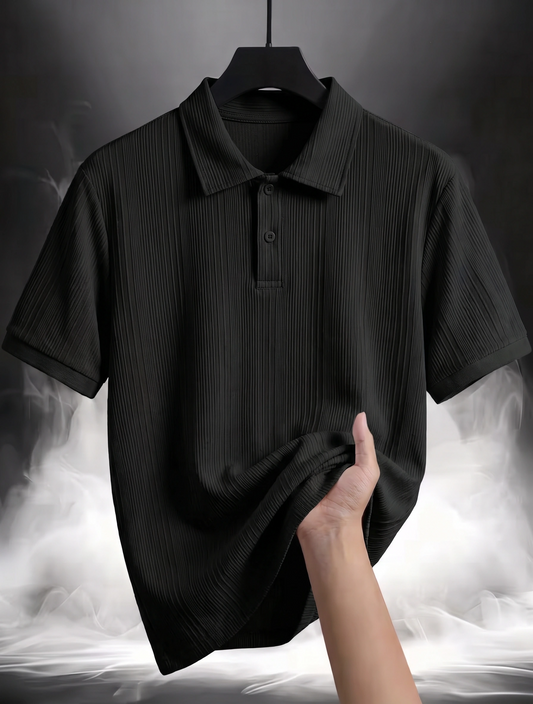 CableKnit Straight Texture Polo - Black