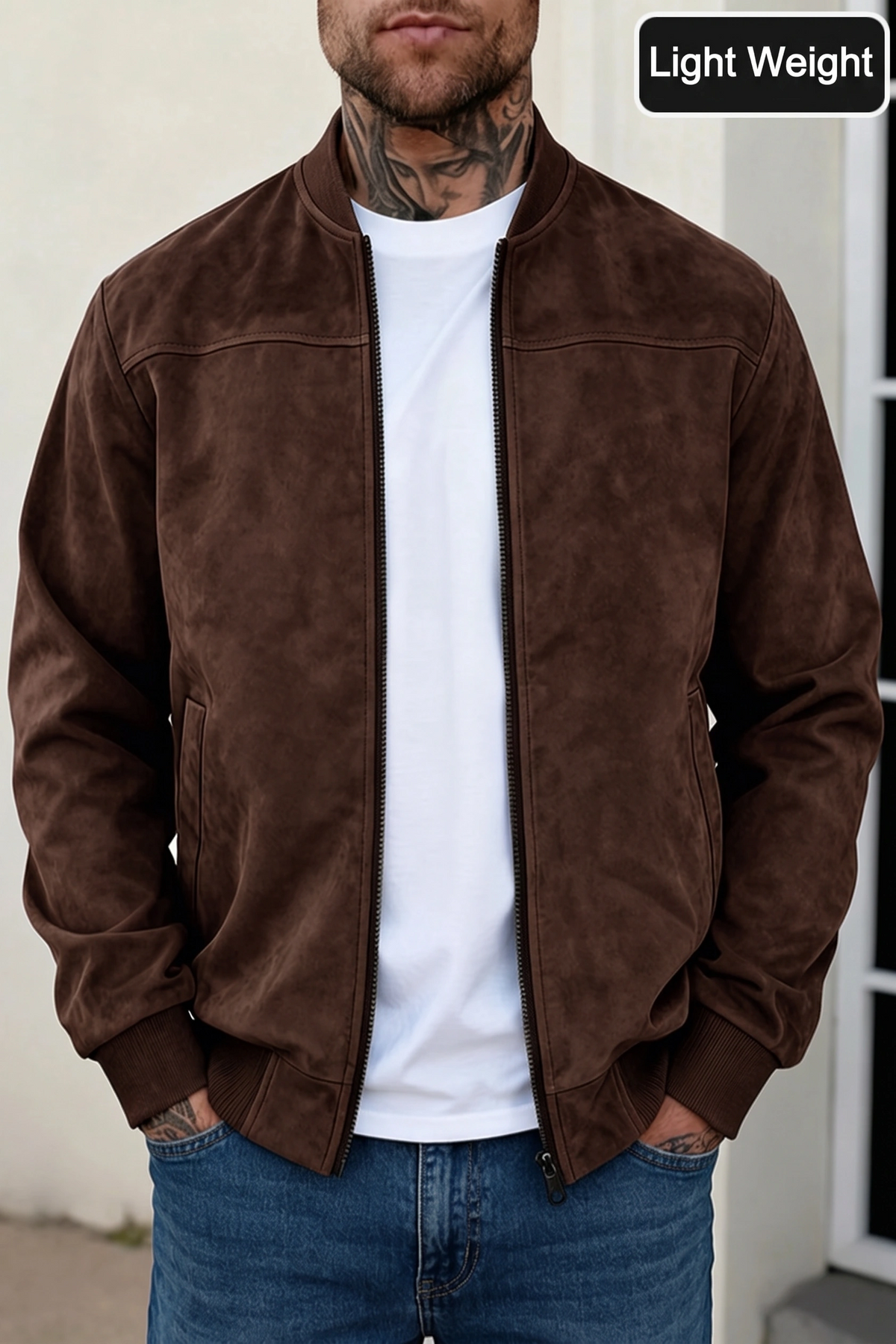 Suede Leather Jacket - Chocolate-brown