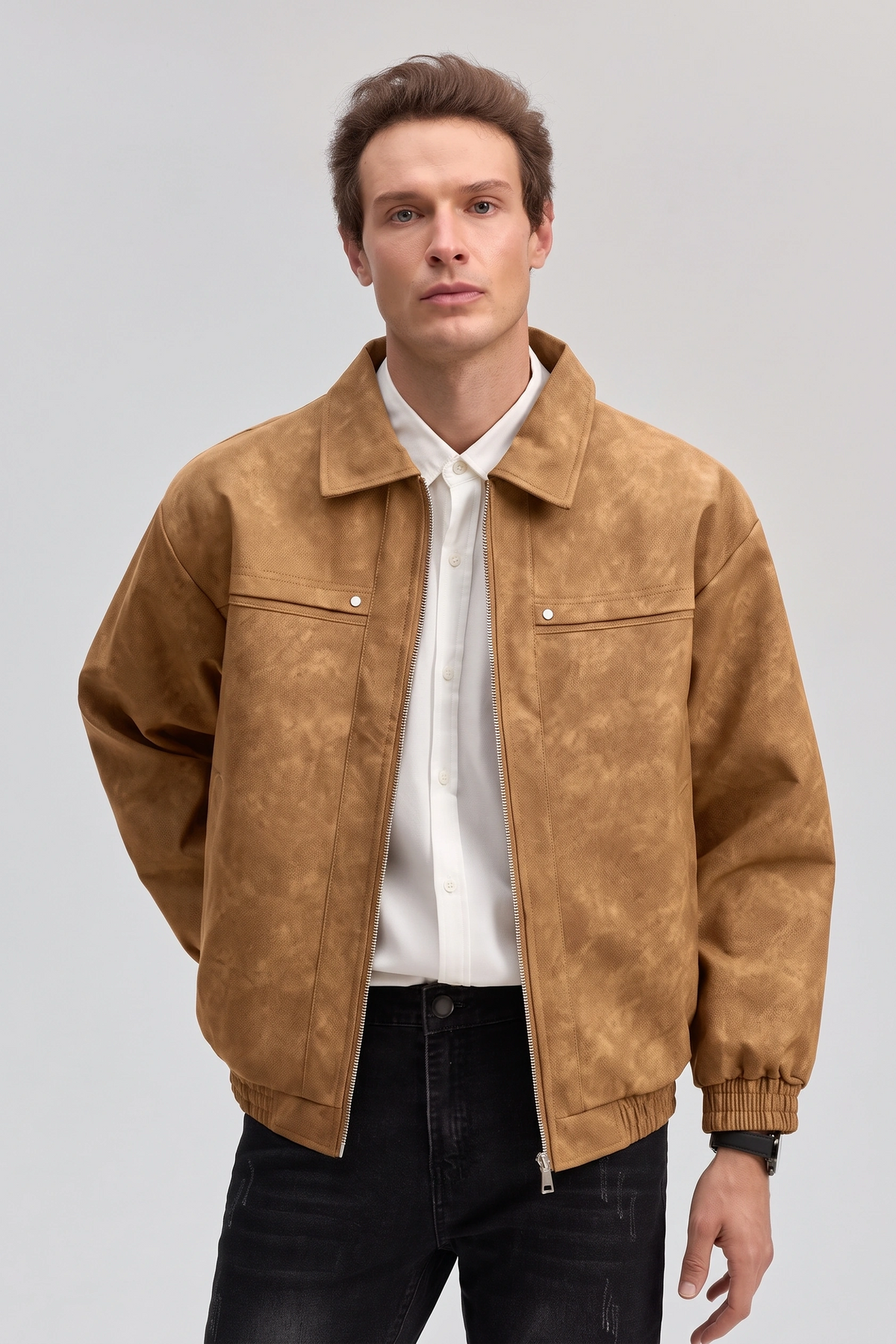 Suede Faux Leather Jacket - Camel