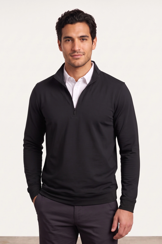 Quarter Zip w/ Built in Polo Collar With Shirt Spandex  - Black