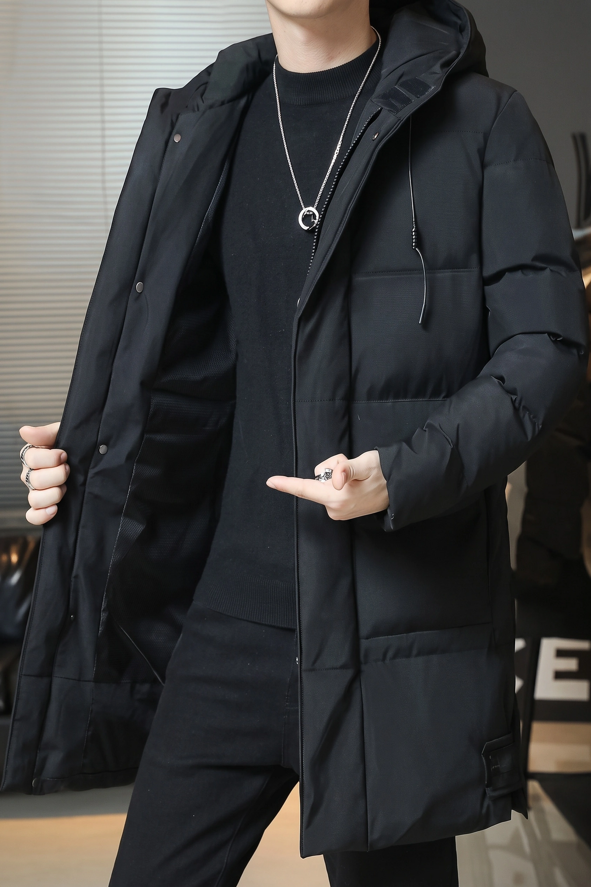 Black long jacket with hidden rib, removable hood