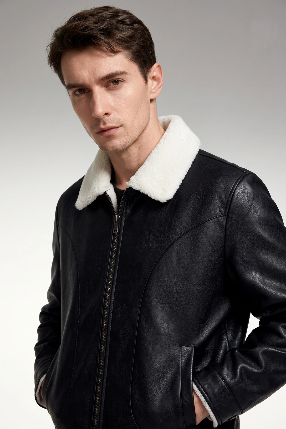 JS-19 Black leather jacket with black inner, furr collar