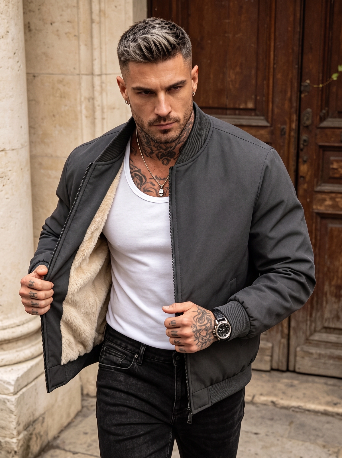 JS-32 Grey memory twill bomber jacket