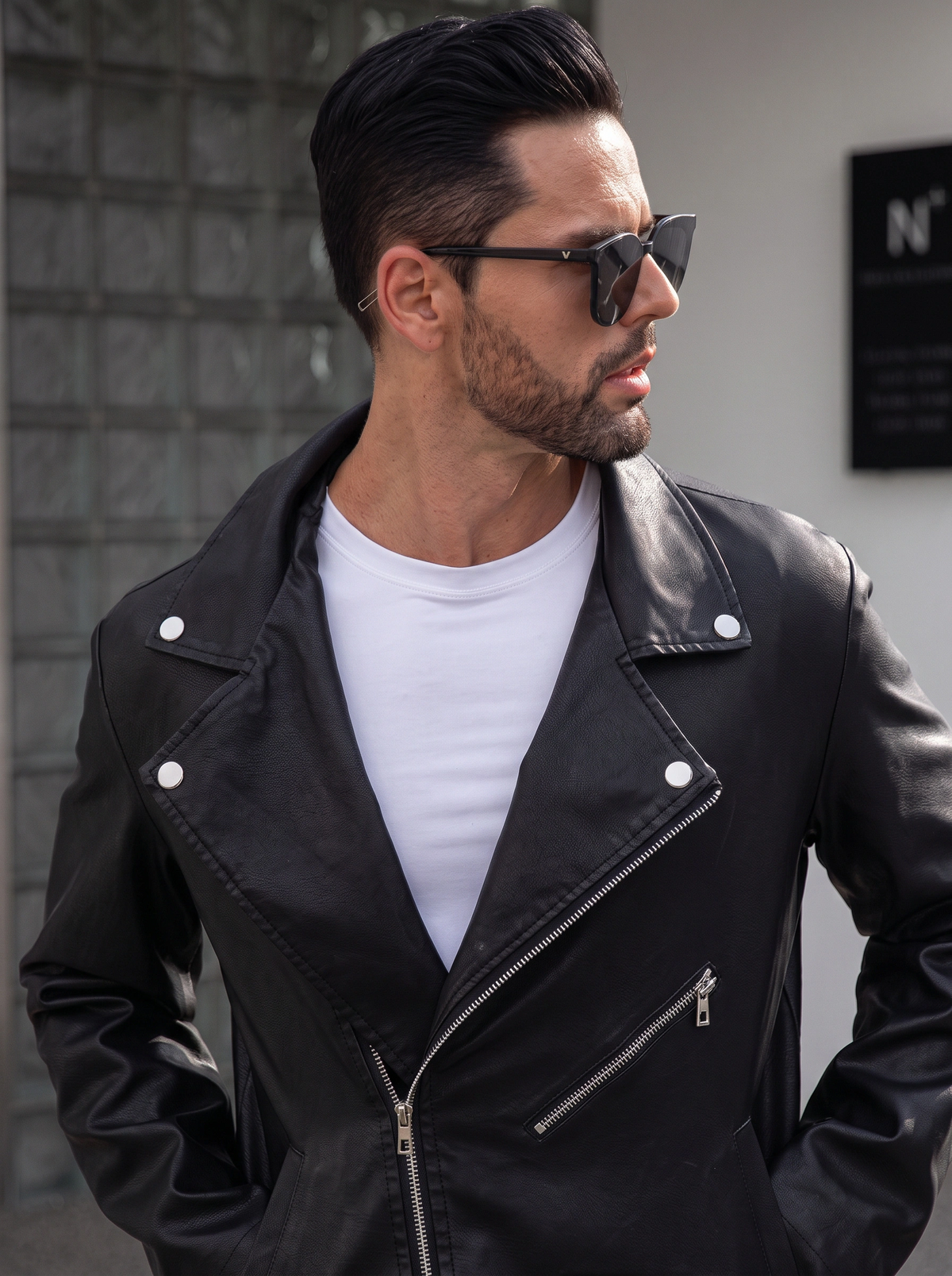 JS-34 Black leather jacket with silver shine metal zip