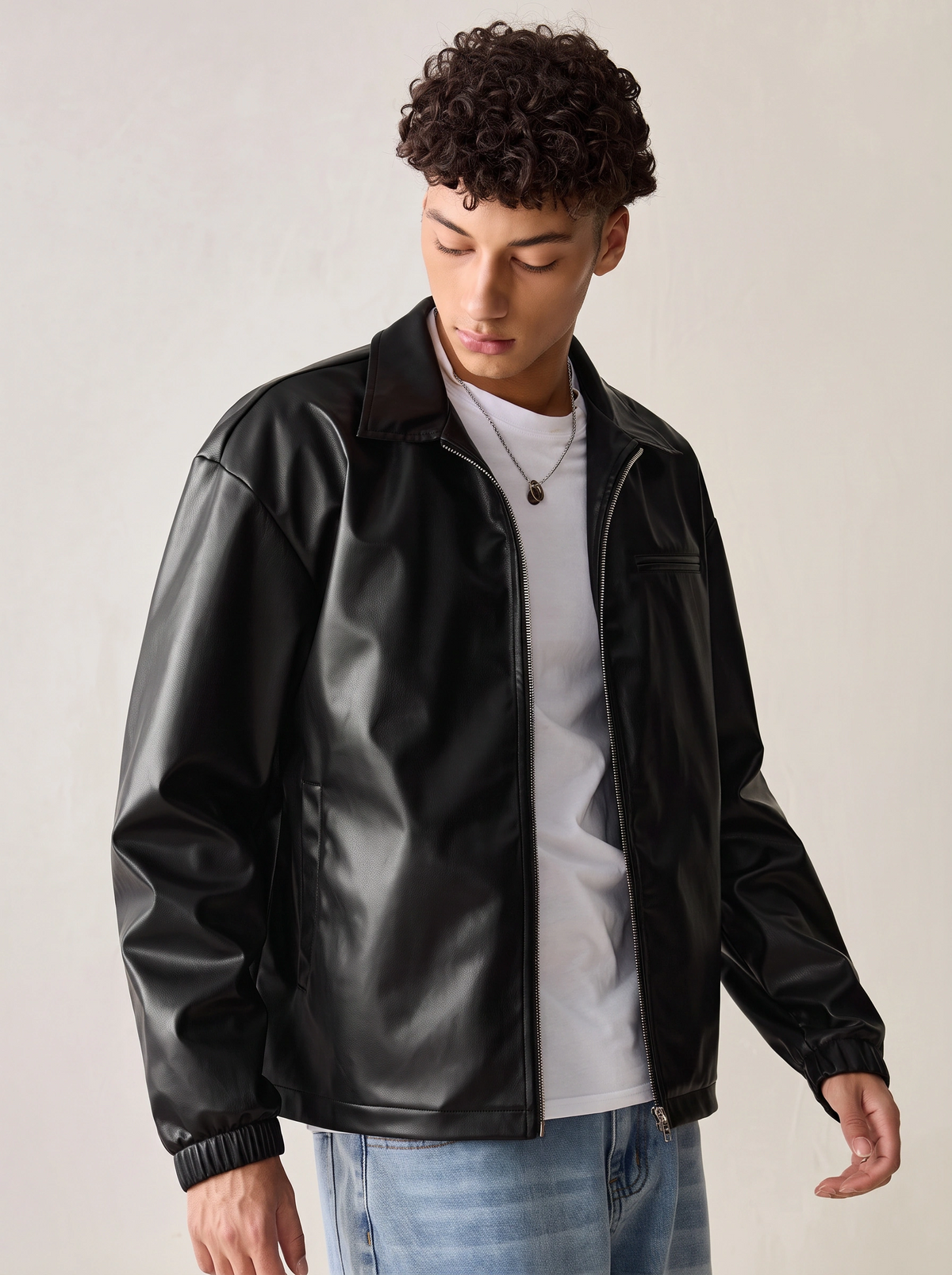JS-61 Black leather hoodie with bon pocket, silver brass zip,