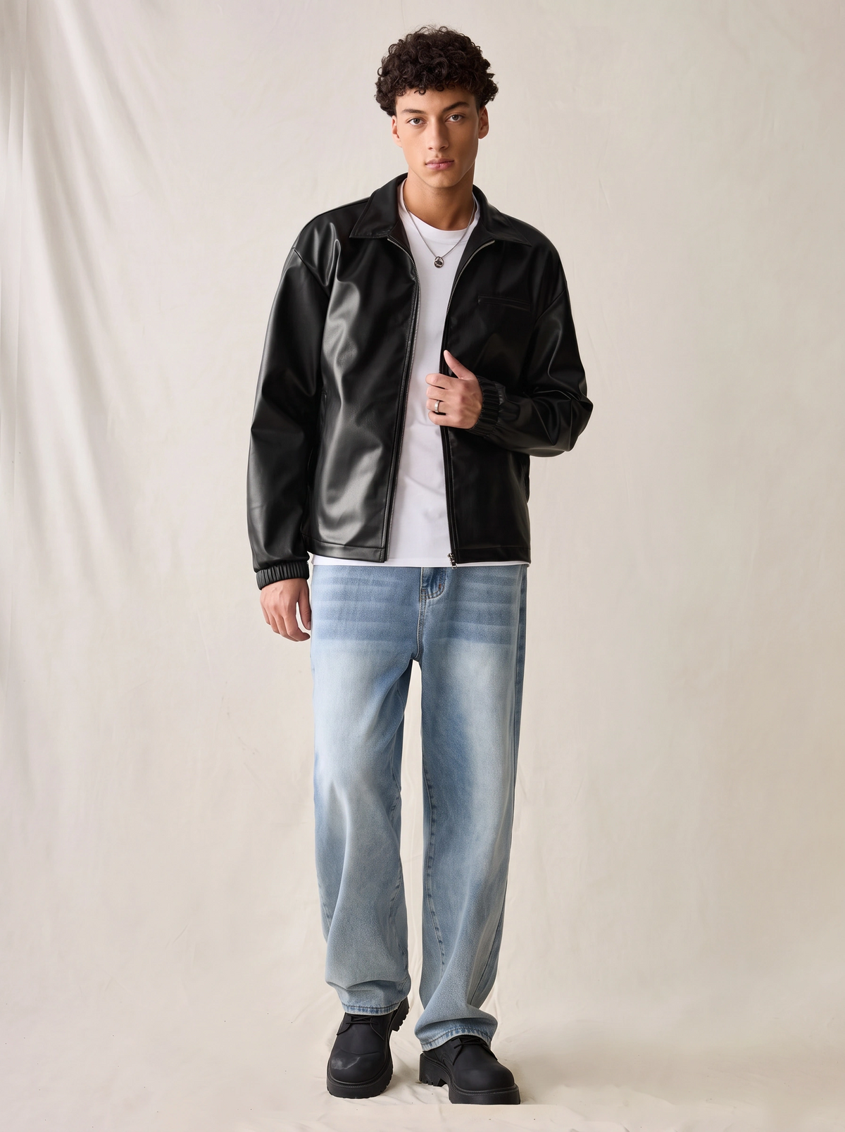 JS-61 Black leather hoodie with bon pocket, silver brass zip,