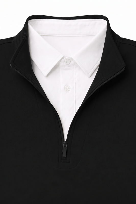 Quarter Zip w/ Built in Polo Collar With Shirt Spandex  - Black
