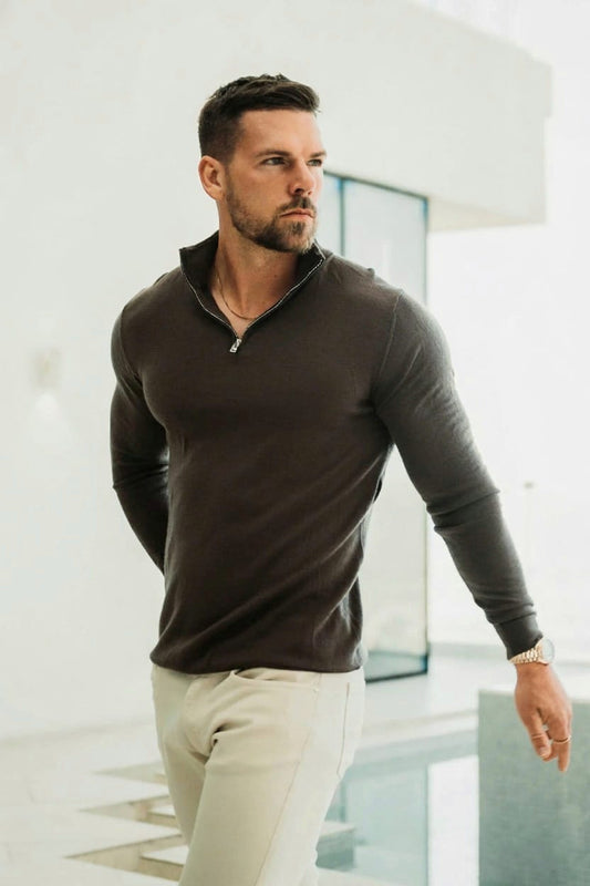 Quarter Zip Rib Knit Sweater -  Silver