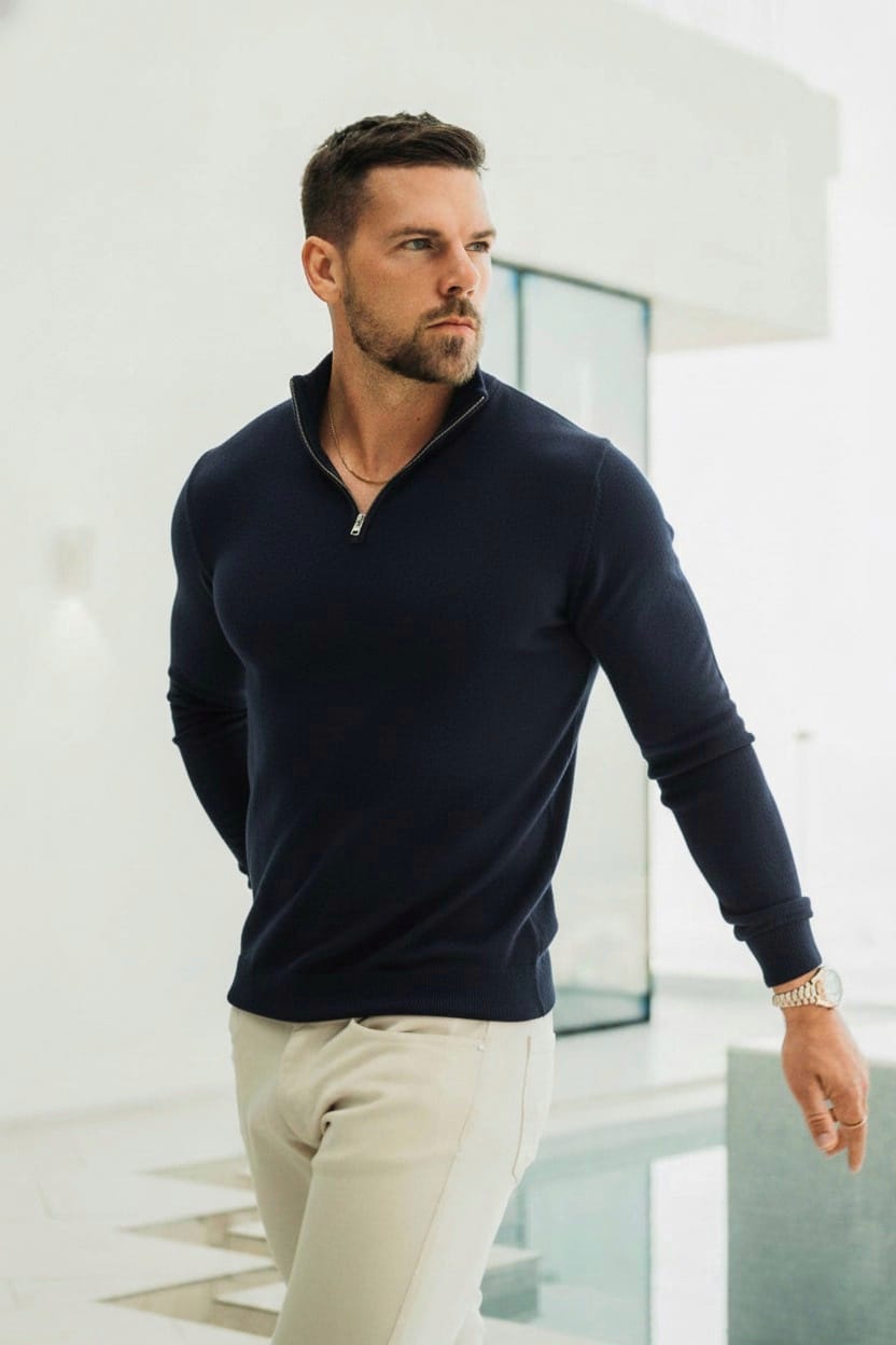 Quarter Zip Rib Knit Sweater - Navy