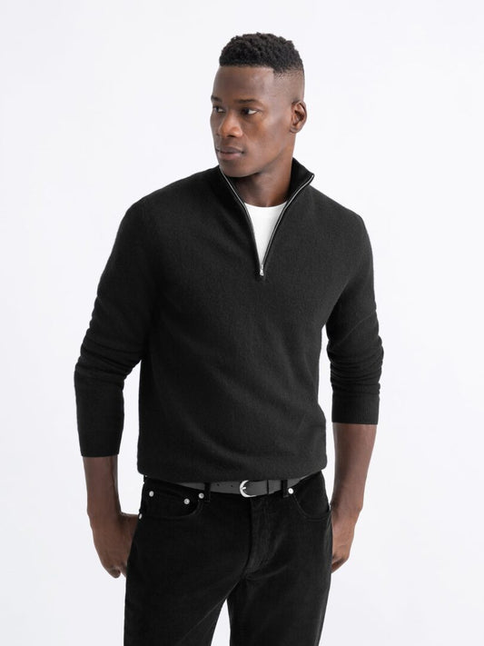 Quarter Zip Rib Knit Sweater - Black