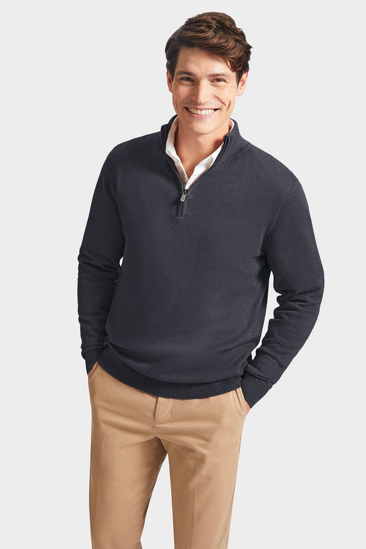 Quarter Zip Rib Knit Sweater - Solid grey